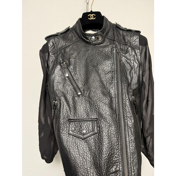 Ashley B Jacket Womens XS Black Mixed Media Leather Moto Asym Zip Sheer Sleeves - Picture 4 of 15